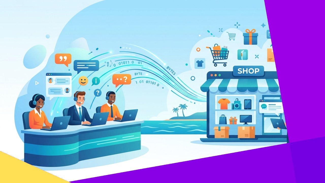 Offshore customer support agents helping e-commerce shoppers over chat, email, and phone in a modern contact center