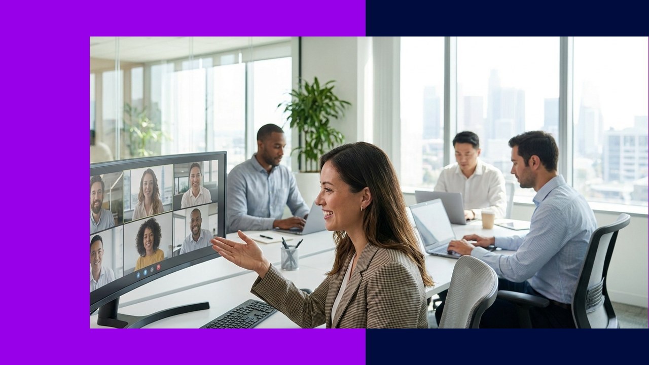 Diverse team on video call shows global remote work and outsourcing trends.