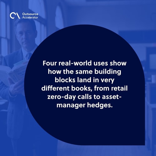 Senior institutional derivatives strategist at the far left of a Chicago options trading room comparing retail zero-day calls and asset-manager hedges