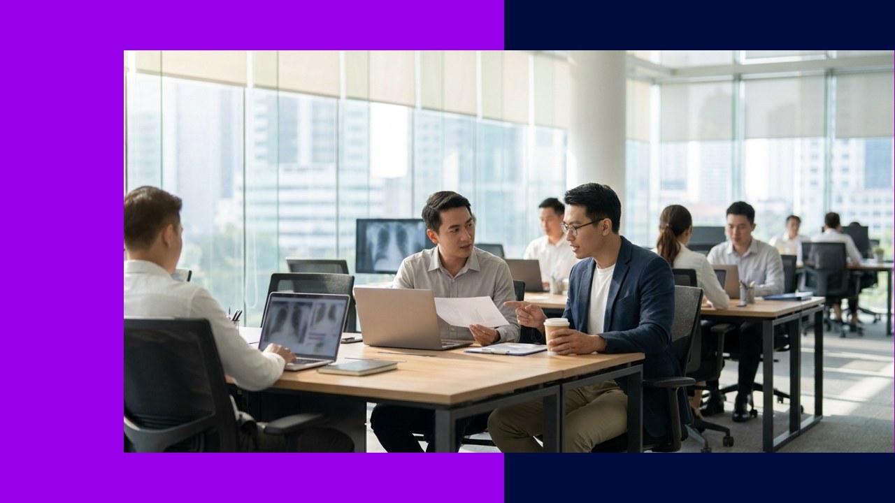 Business professionals discuss documents & laptops, relevant to outsourcing medical billing & coding services.