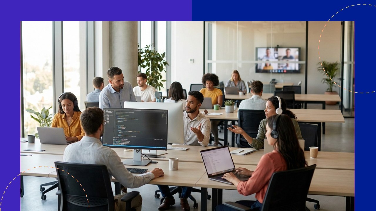 Developers collaborating at computer screens in an outsourced software development company.