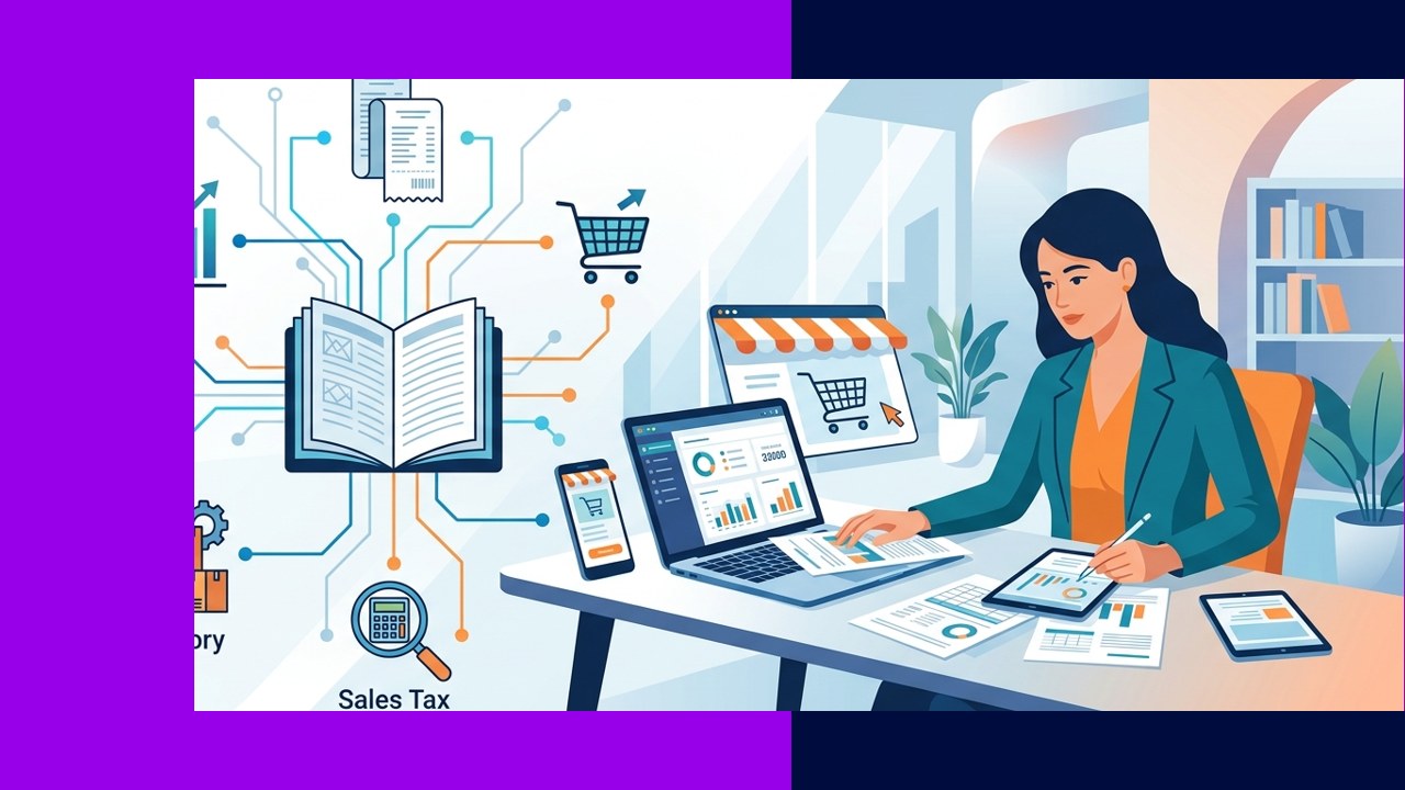 E-commerce founder reviewing outsourced accounting reports covering sales, tax, and inventory costs