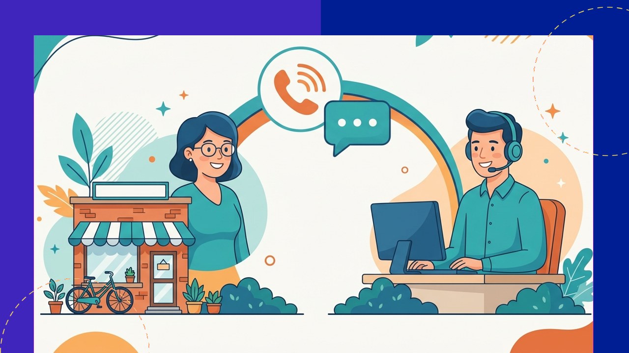 Small business owner reviewing an outsourced customer service dashboard with a support agent