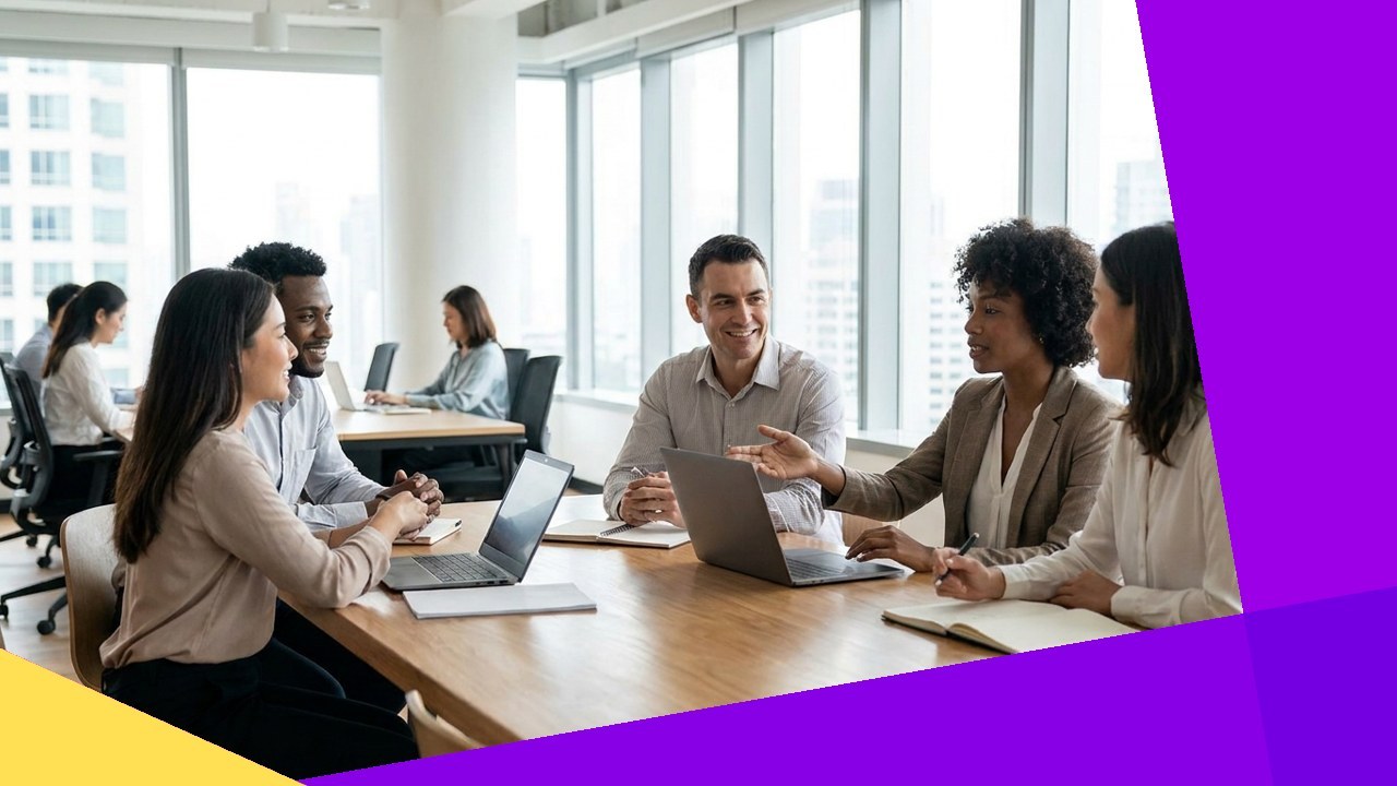 Diverse team collaborates in a modern office discussing business solutions with BSA Solutions Inc.