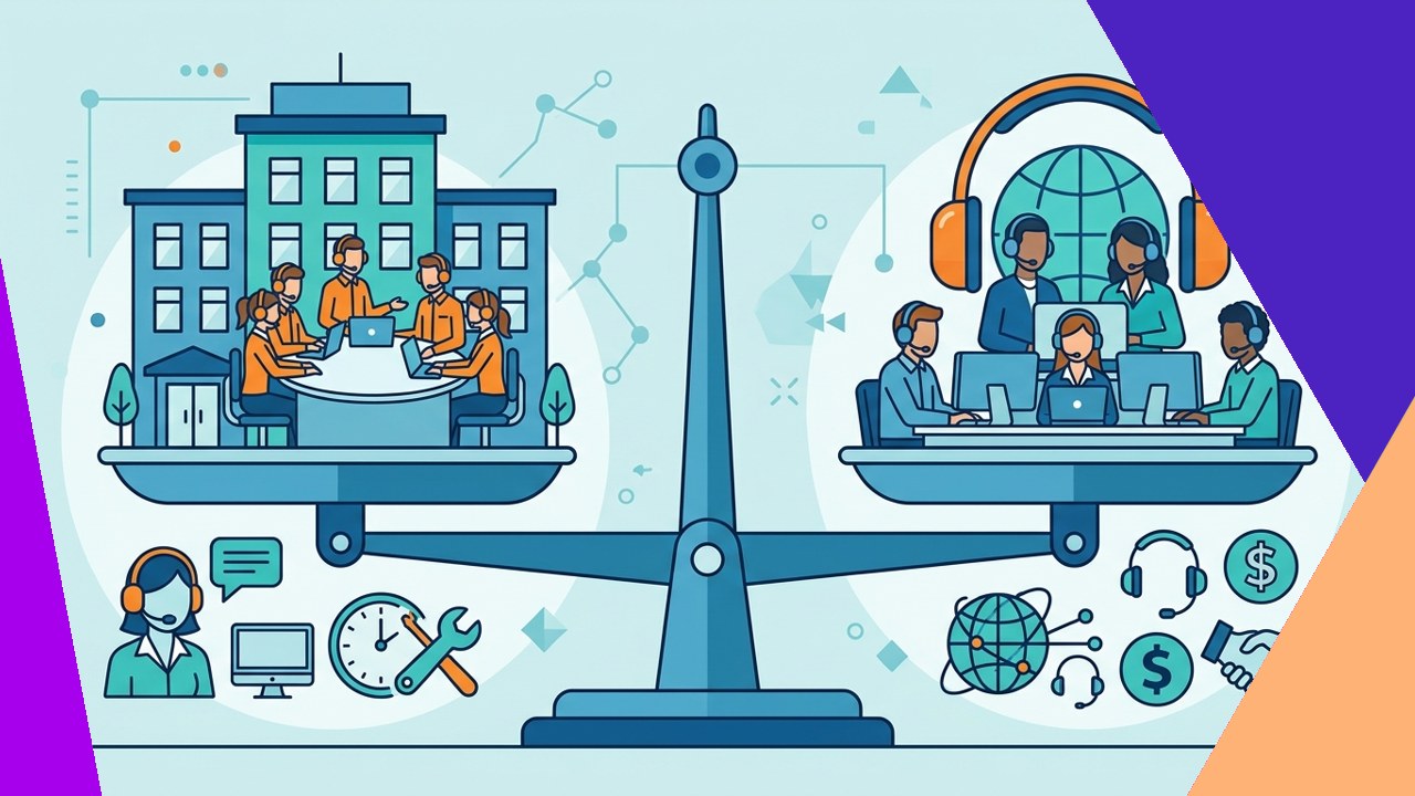 Split illustration comparing an in-house support desk with an outsourced customer support team