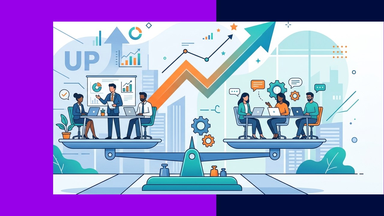 Startup weighing an in-house team against an outsourced team on a balance scale