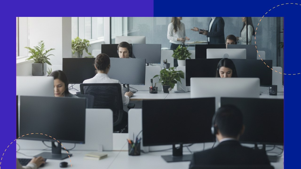 Open-plan office with diverse employees working at computers, showcasing Voltron BPO operations.