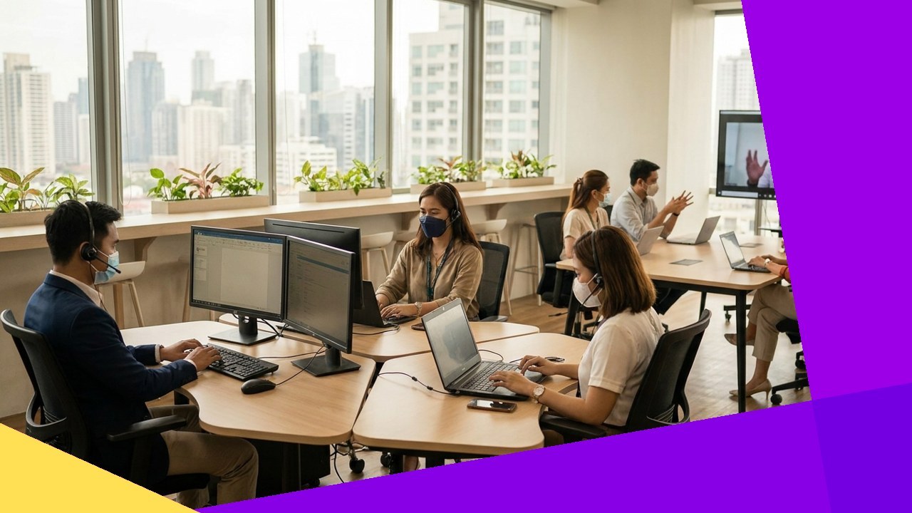Philippines BPO employees working safely in modern office, getting back on track in 2021.