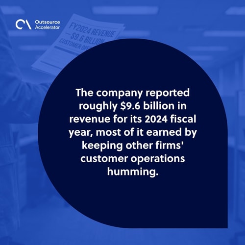 BPO operations lead at the far-left edge of a contact-centre floor holding a printed FY24 revenue report showing 9.6 billion dollars in customer-operations revenue