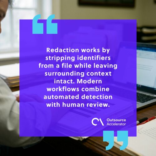 Redaction - a compliance reviewer black-bar redacting a printed legal document at a desk