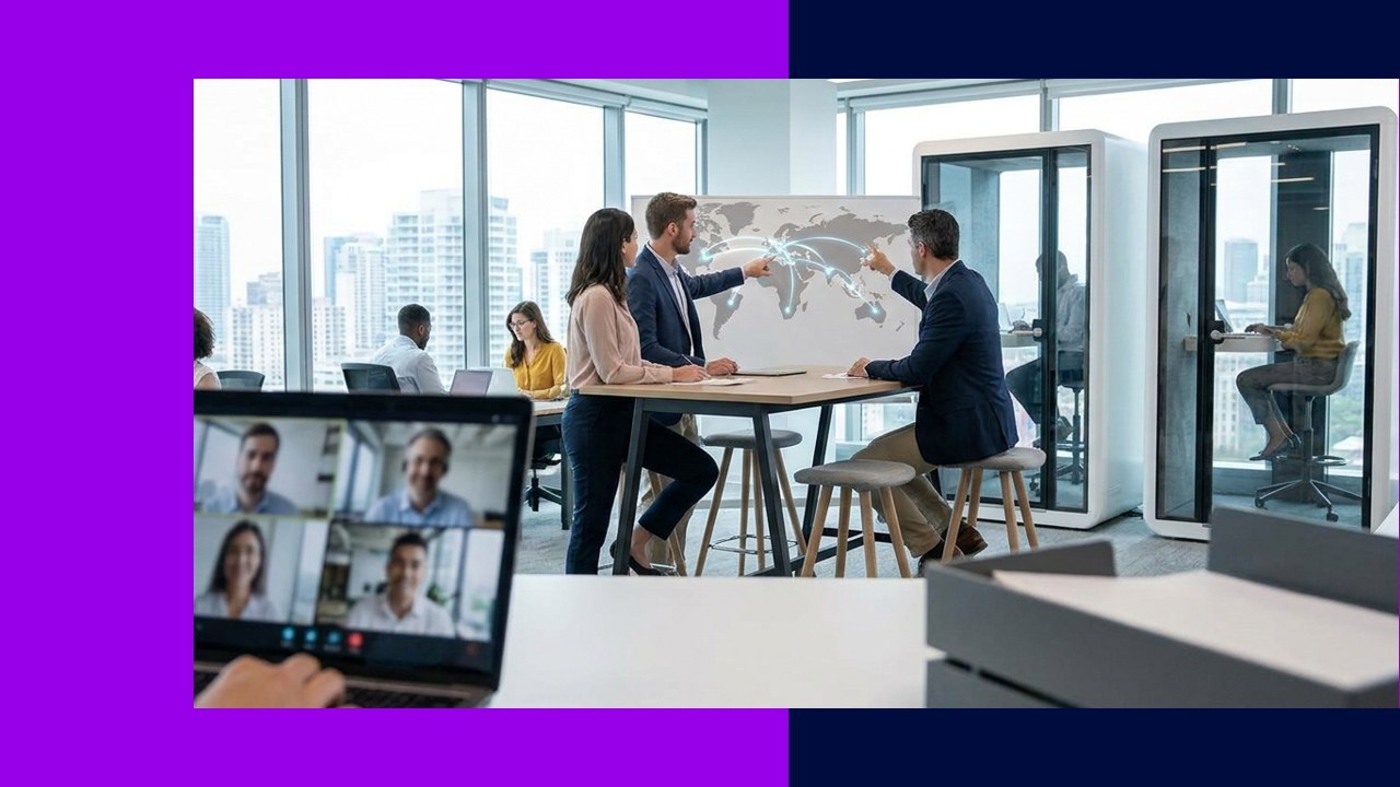 Teams collaborate in modern office with virtual meetings & global map, key advantages of remote offshore talent.