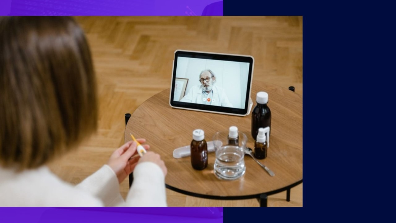Telehealth consultation via web app bridges rural healthcare gaps, showing patient and doctor on screen.