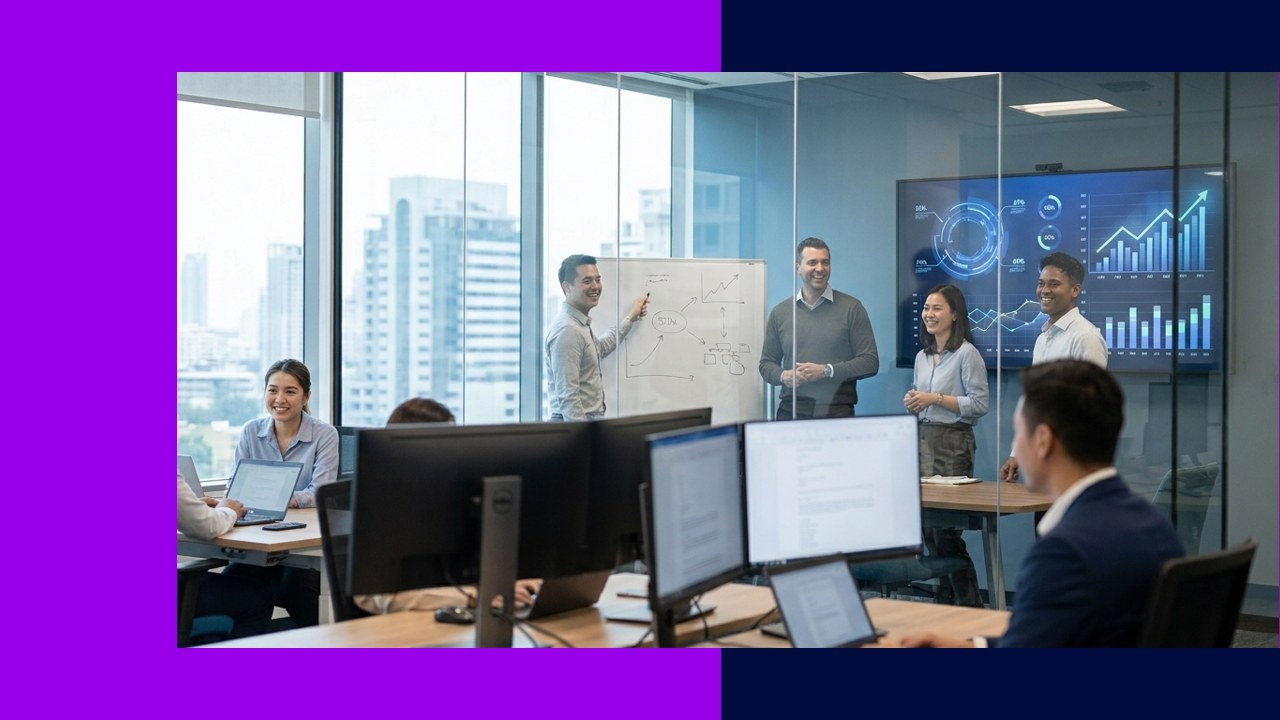 Business team presenting growth strategies on whiteboard and screen, discussing SEO success.