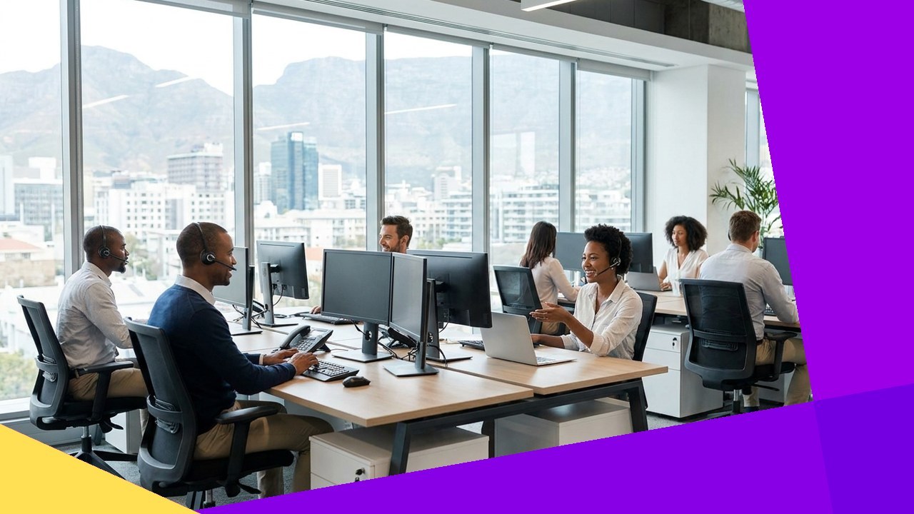 South African customer experience center with diverse staff working at computers overlooking city skyline.