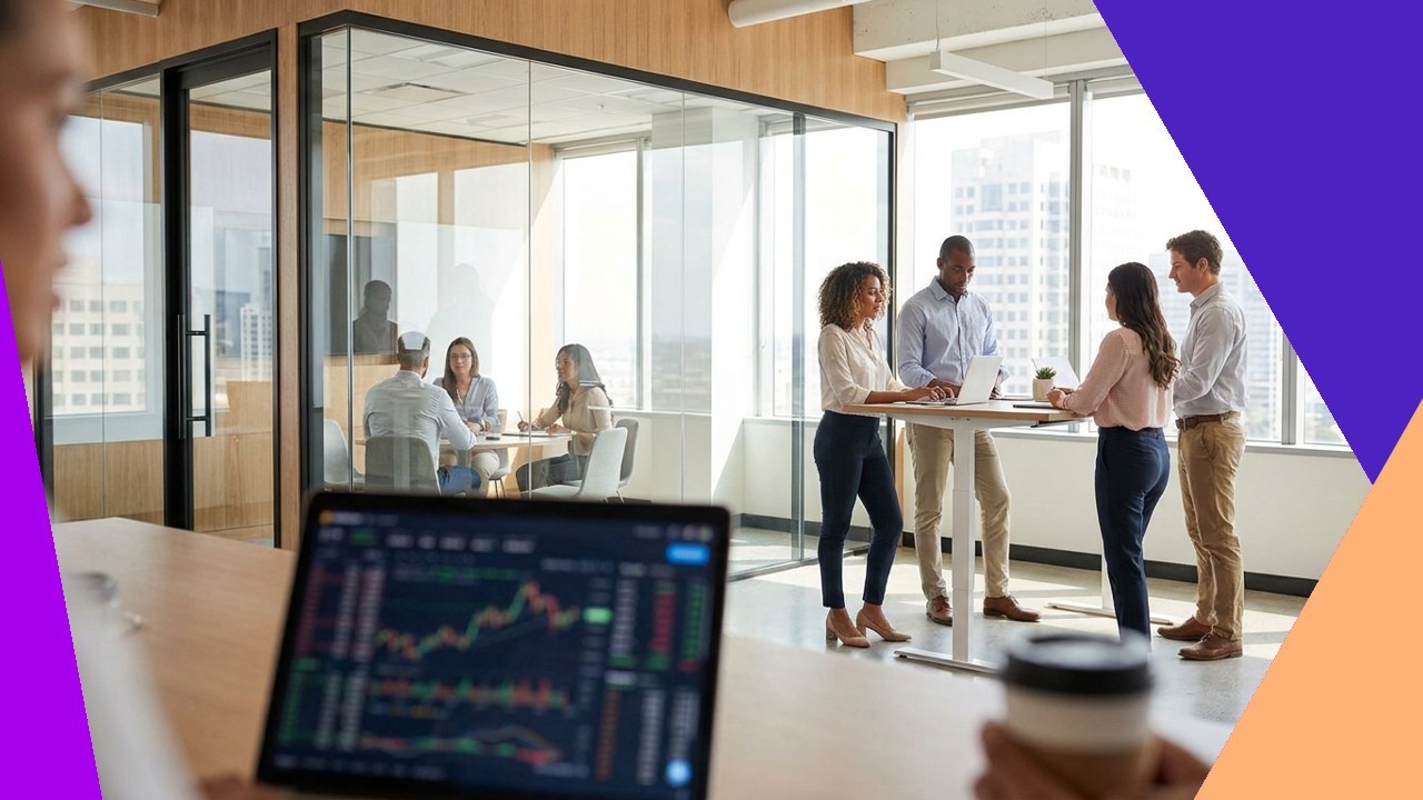 Office meeting analyzing staffing costs performance, with a laptop showing financial charts.