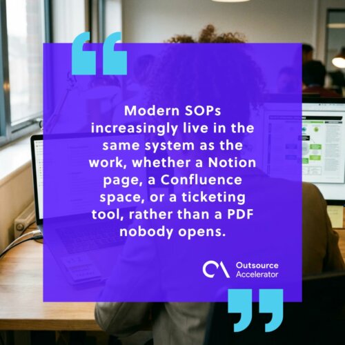 Standard operating procedure - an operations manager reviewing a Notion-based SOP with Deloitte research on a second monitor