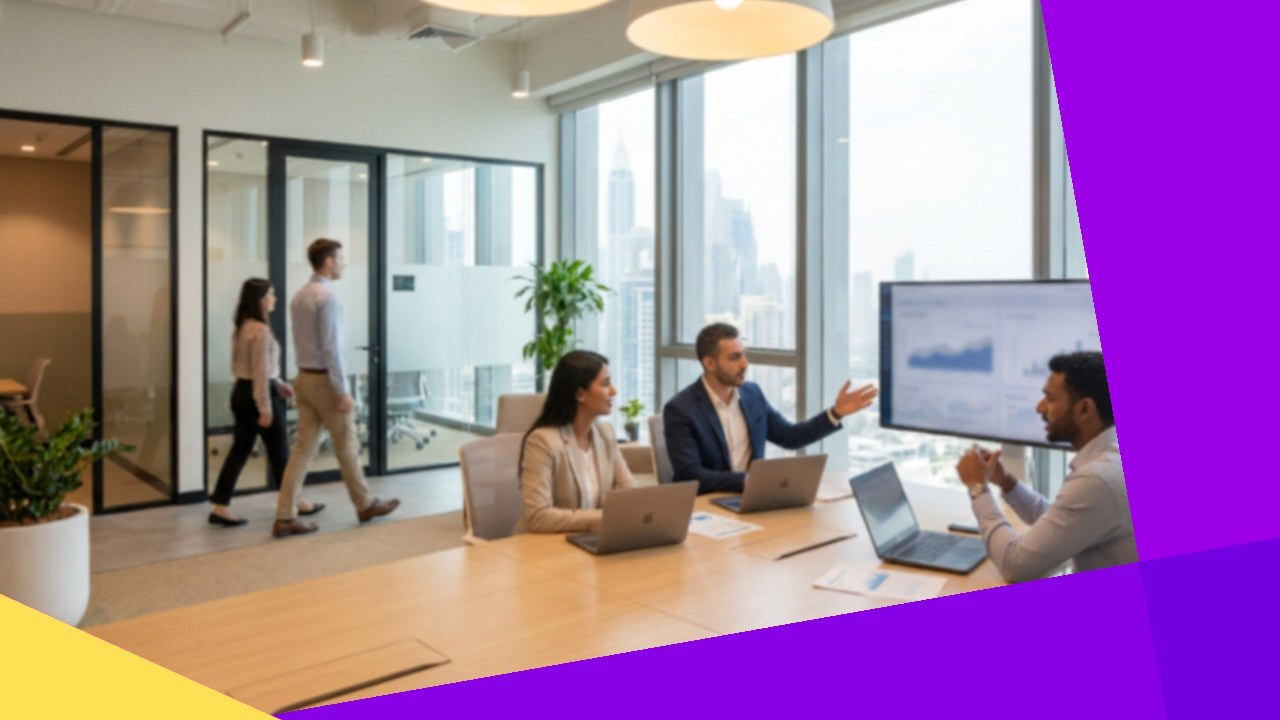 Business professionals in a modern office discussing growth for starting a business in Saudi Arabia from UAE.