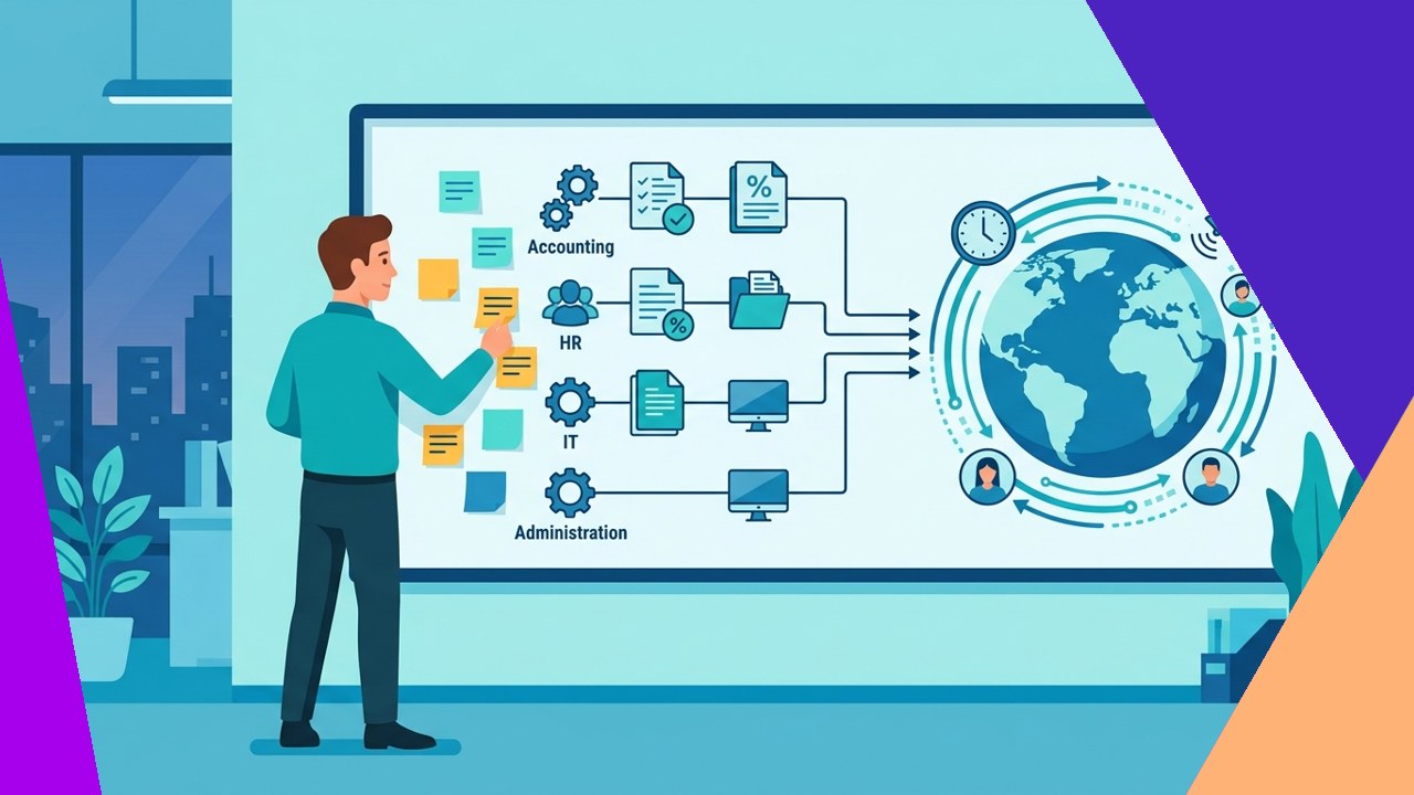 Manager mapping back-office tasks to an offshore team during an offshoring rollout