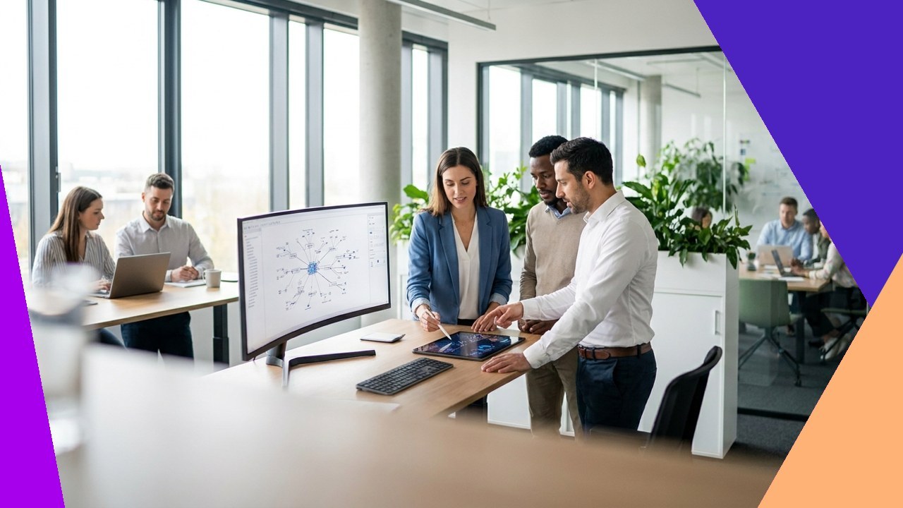 Team collaborating on tailored IT solutions, transforming business with technology.