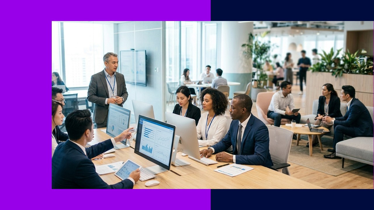 Diverse team collaborates in modern office, highlighting Express International's talent development for client success.