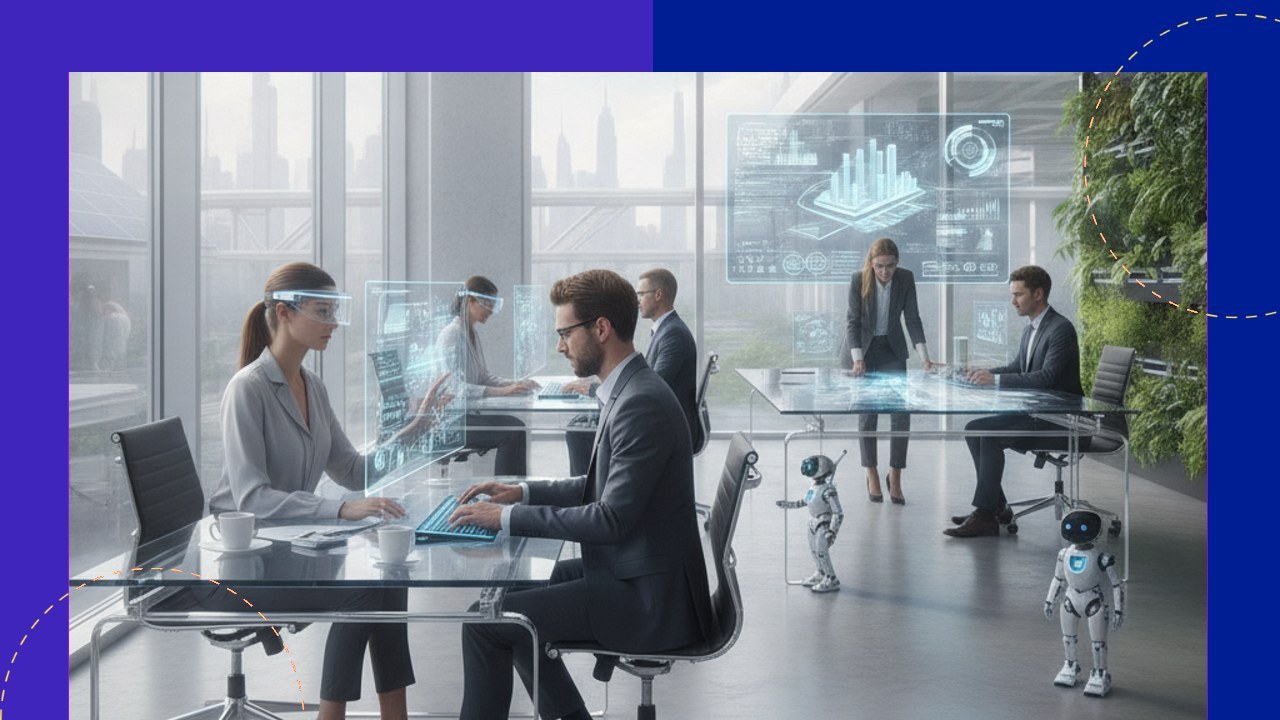 Professionals use AR glasses & robots in a modern office, visualizing technology trends & evolution.