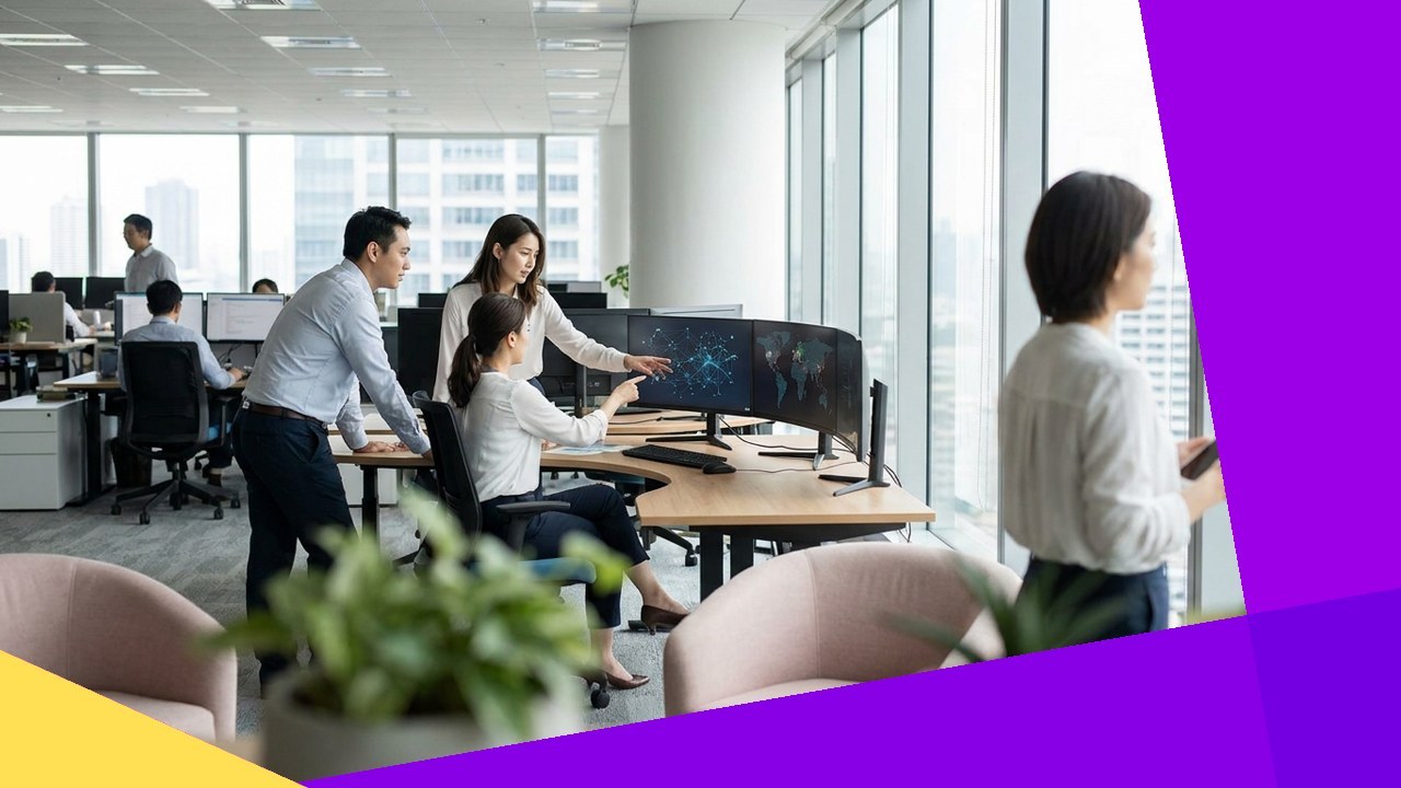 Telecom professionals collaborate on data visualizations, highlighting Aipix's business solutions.