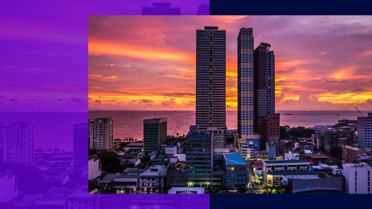 Manila skyline at sunset with CBD towers over Manila Bay — the physical stack the Philippines is betting on