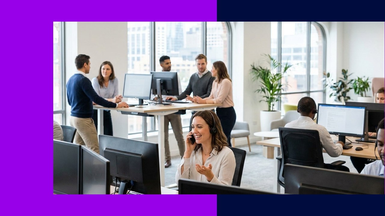 Smiling customer service reps in an office setting, highlighting U.S. call center outsourcing for customer experience.