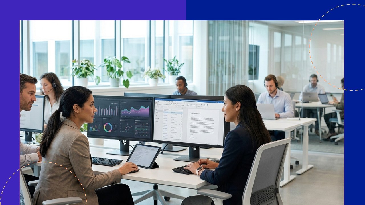 Professionals analyze data on computers in a modern office, driving accounting and legal efficiency.