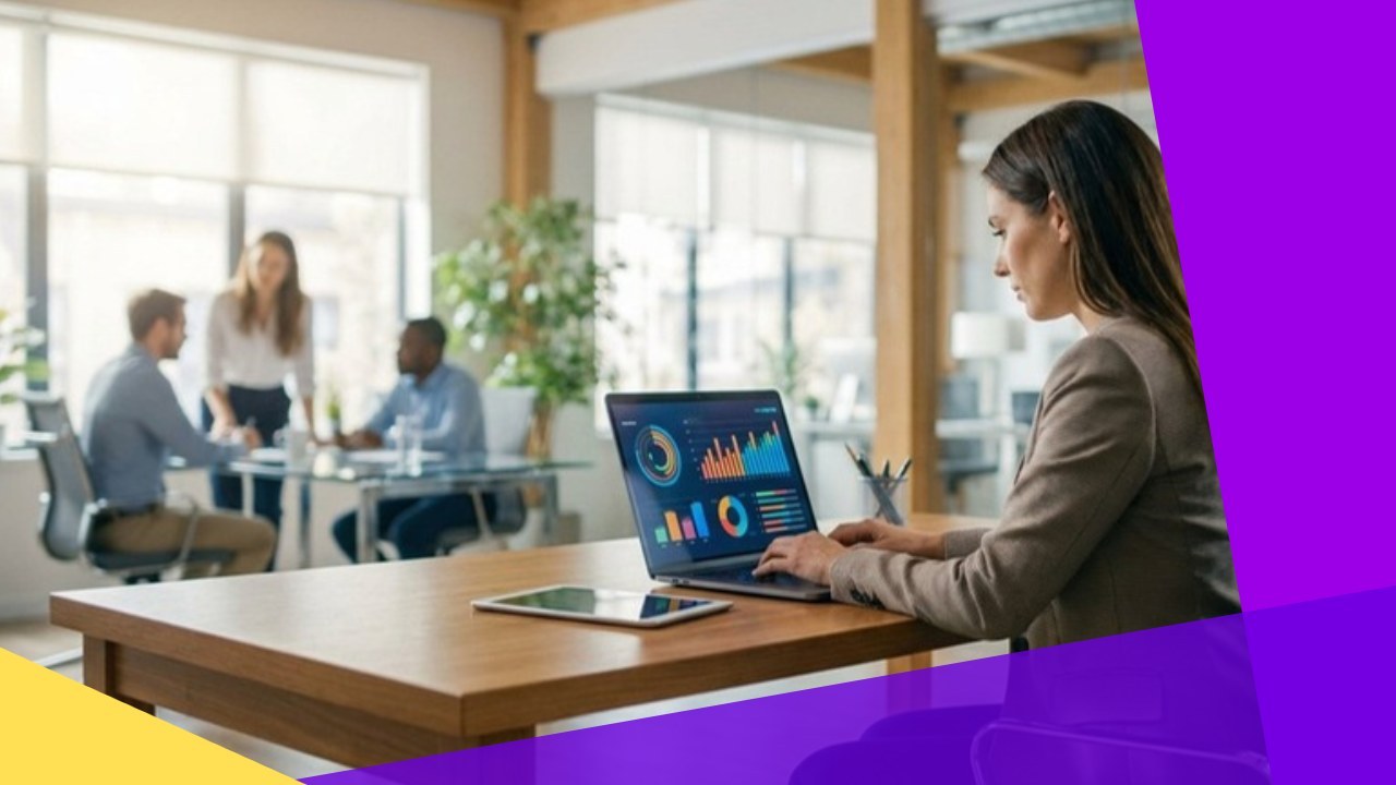 Woman at laptop with marketing charts, boosting campaign success.