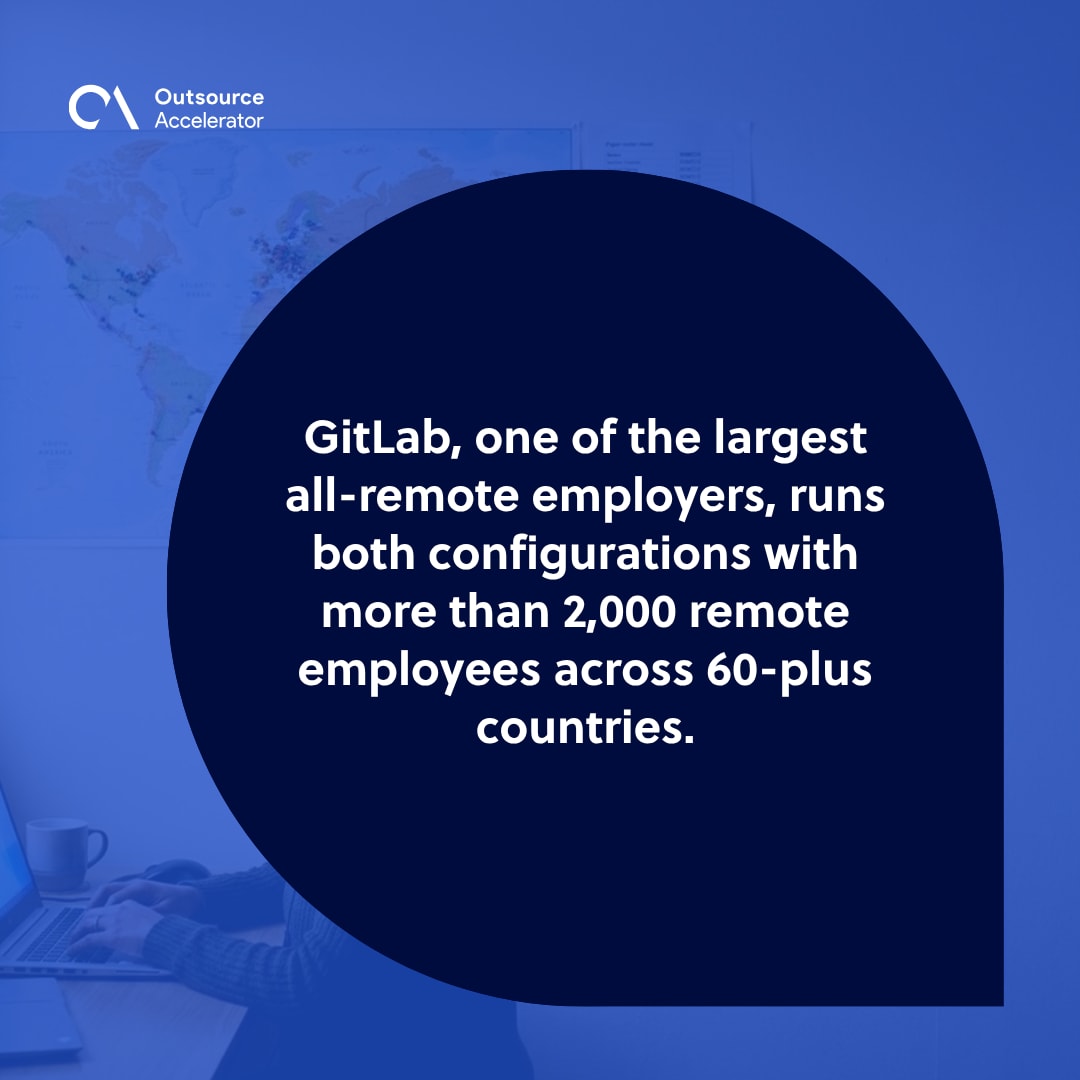 Virtual team - remote worker at a home office desk with a laptop and headset beside a wall-mounted world map with pins showing a distributed all-remote workforce.