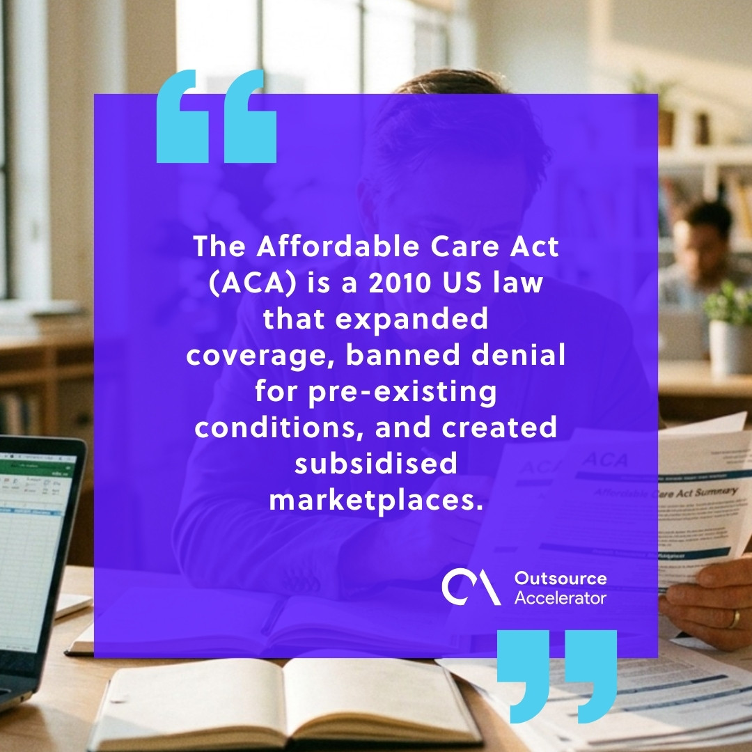 A healthcare professional at a modern office desk with a laptop, notebooks, and printed ACA reference sheets in warm afternoon window light.