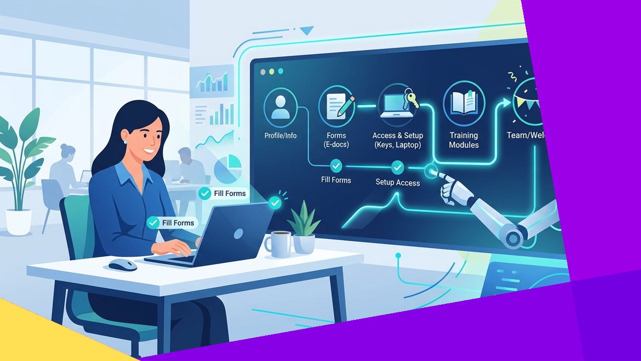 Automated employee onboarding workflow guiding a new hire through forms, accounts, and training