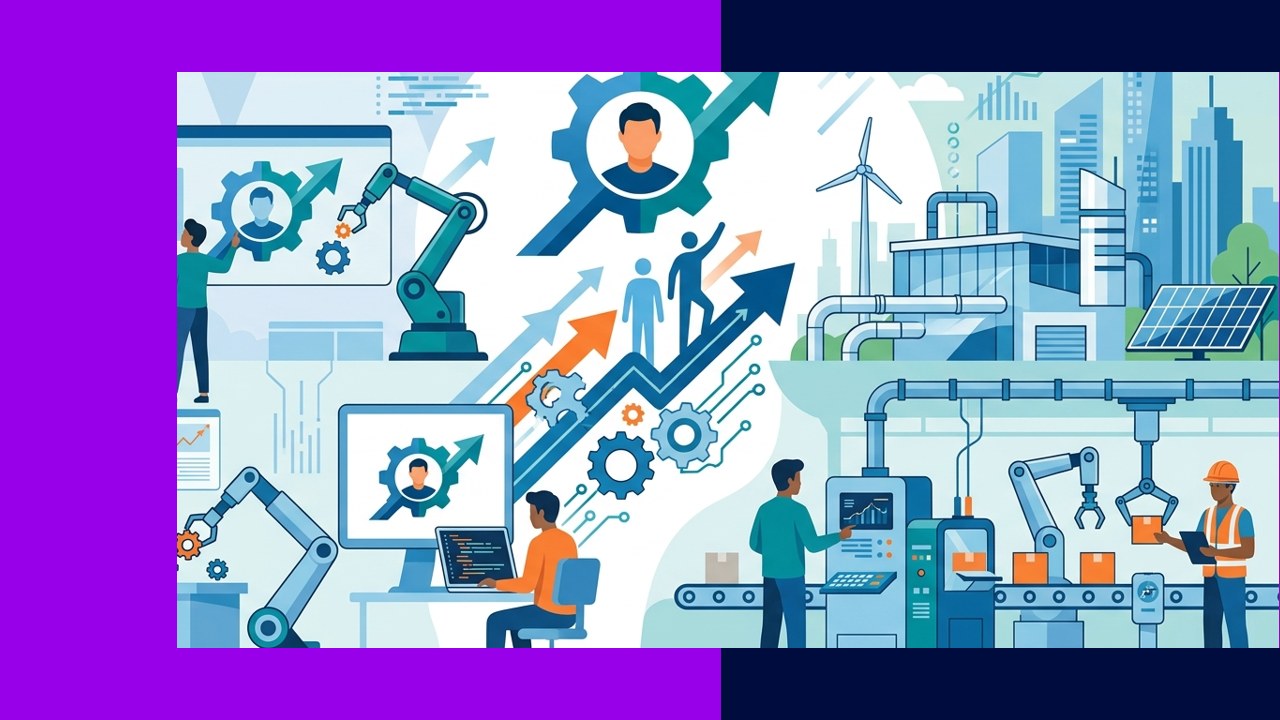 Automation and job transformation concept with workers reskilling alongside automated tools