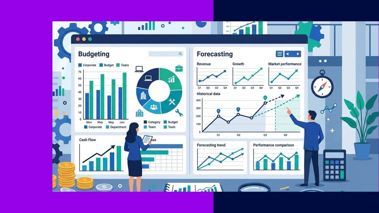 Budgeting and forecasting methods shown as financial charts and projection models