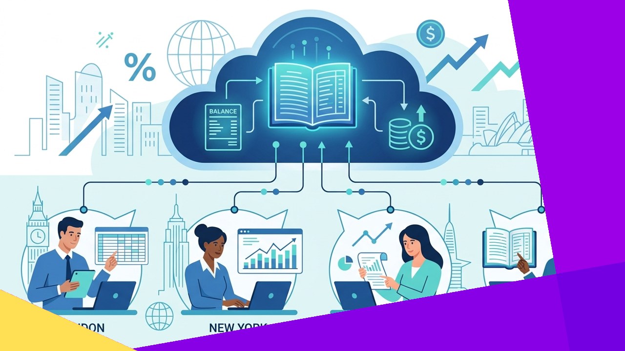 Distributed finance team collaborating across locations on shared cloud accounting tools