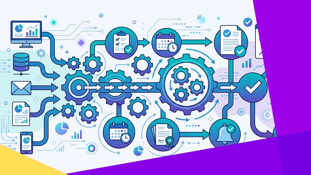 Business process automation linking tasks, systems, and approvals into a connected workflow