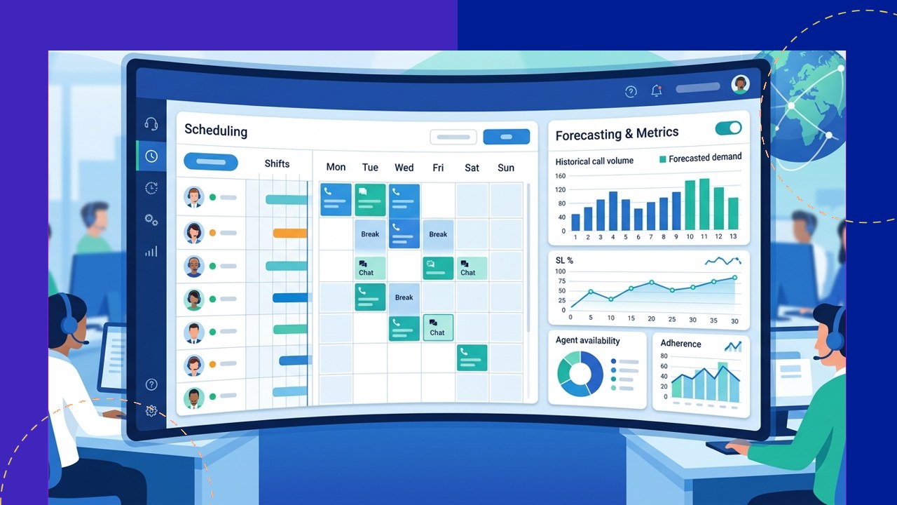 Call center workforce management outsourcing forecasting and scheduling agents on a dashboard