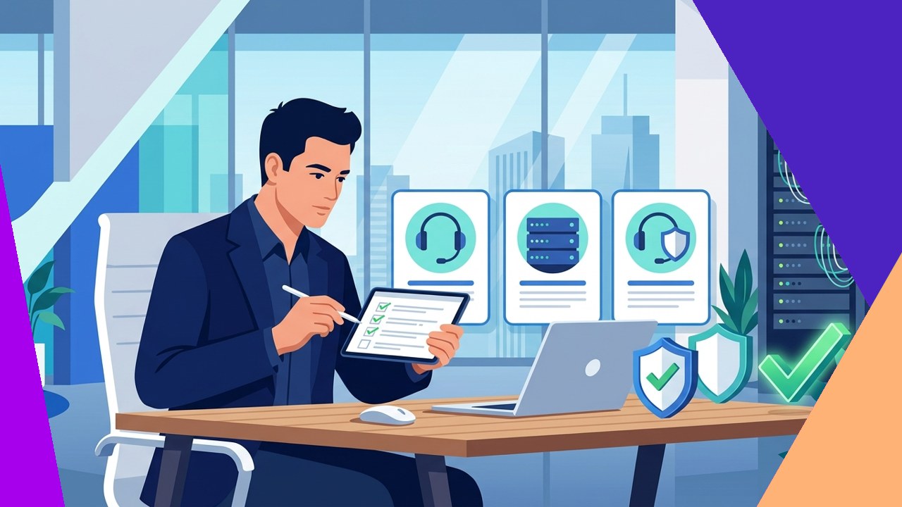 Business leader evaluating IT support outsourcing companies against a checklist of criteria