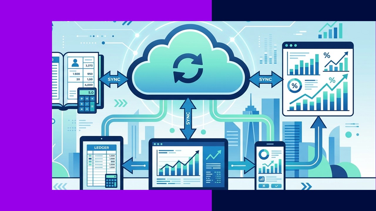 Cloud accounting technology syncing financial data across devices and a finance team
