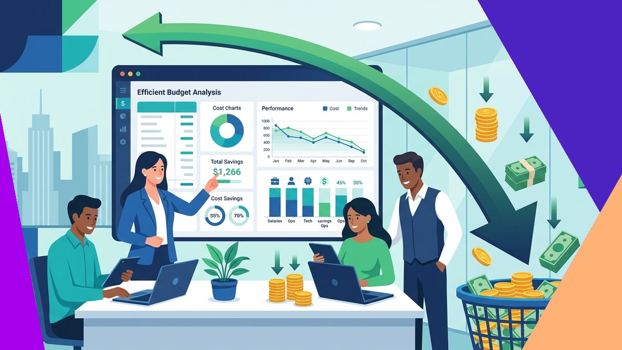 Cost savings in accounting shown as a finance team reducing costs on a budget dashboard