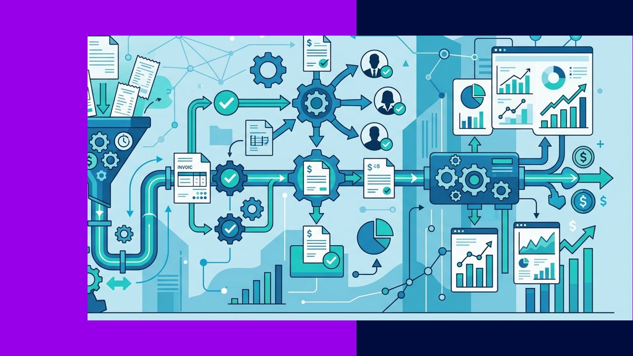 Finance workflow automation moving invoices, approvals, and reporting through a streamlined process