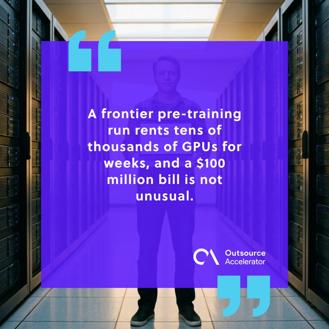 AI research engineer inside a hyperscale data center holding a laptop showing a training-run cost dashboard.