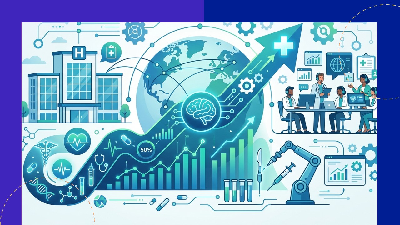 Healthcare outsourcing trends concept with medical icons, data charts, and a global support team