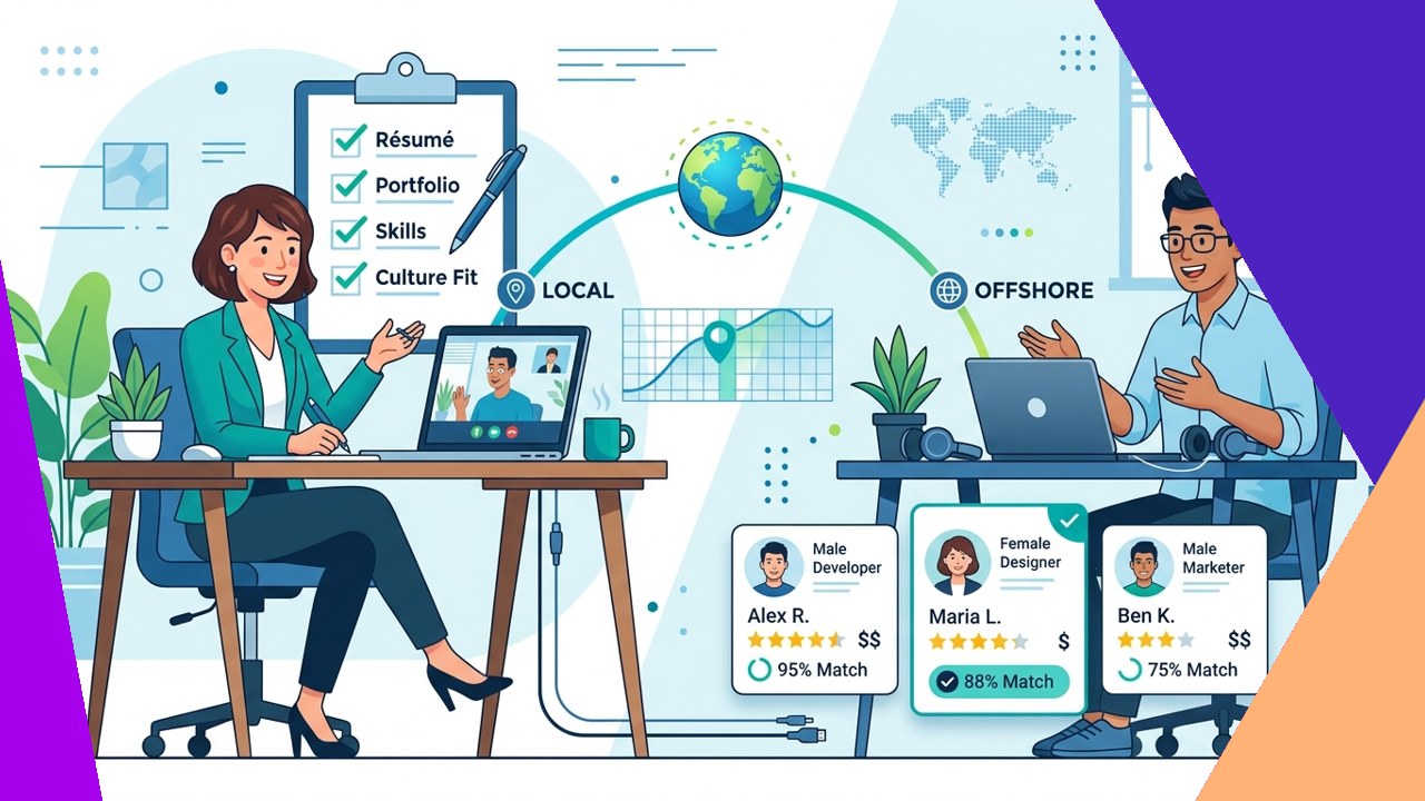 Small business owner interviewing and hiring offshore talent through a video call