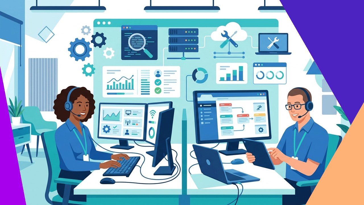 IT help desk agents resolving technical support tickets on a service dashboard