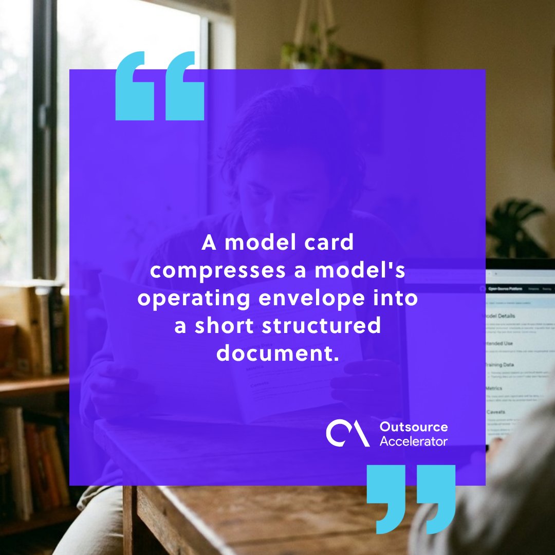 Machine-learning engineer at a wooden desk reviewing a printed model card document with structured sections.