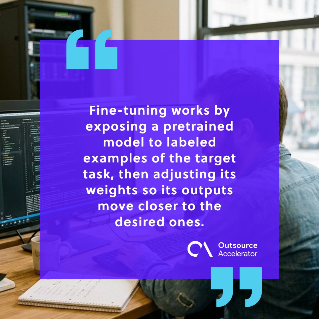 Machine learning engineer at a dual-monitor workstation showing labeled training data and a descending loss curve.