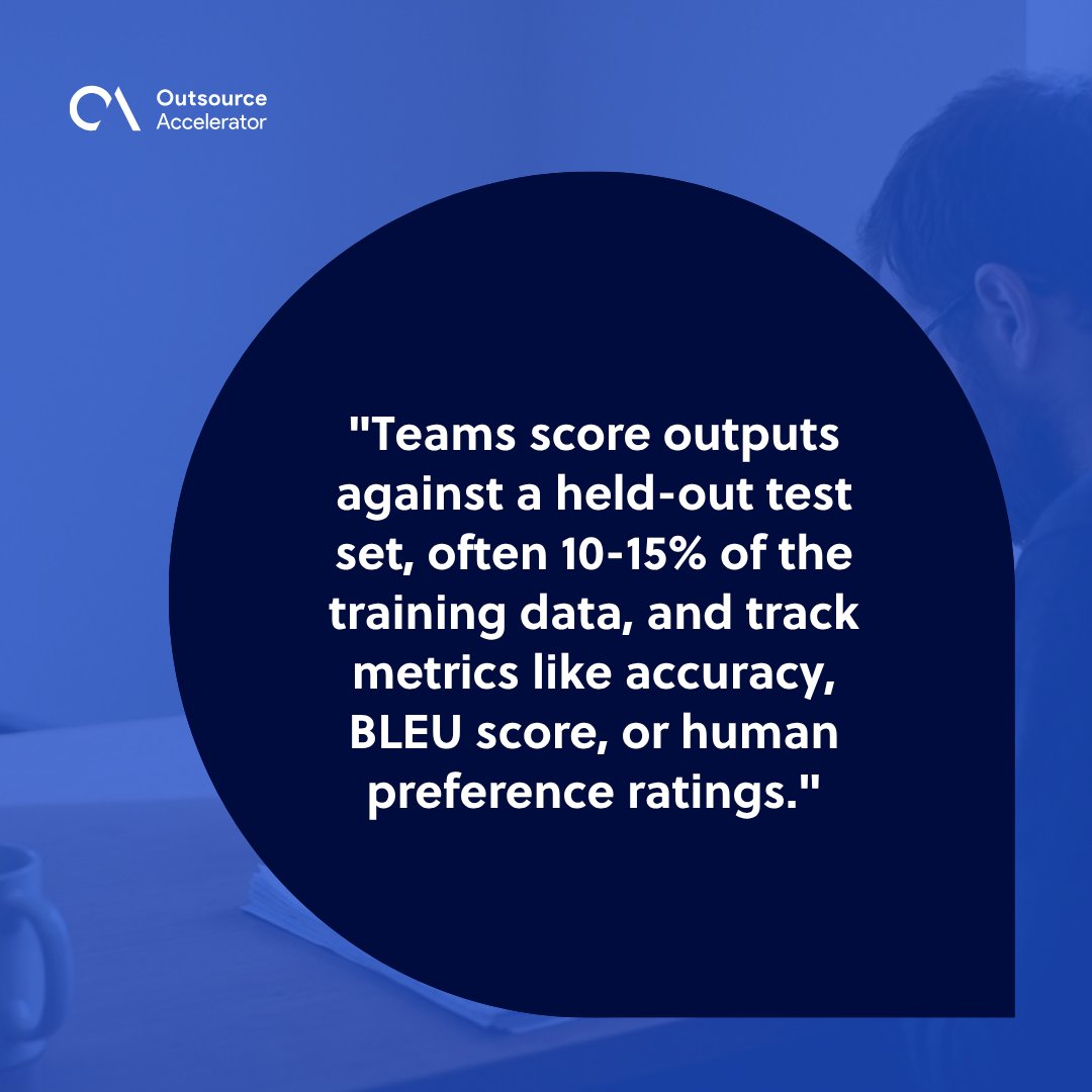 Data scientist reviewing an evaluation dashboard with accuracy and BLEU metric charts on a laptop beside a printed test set.