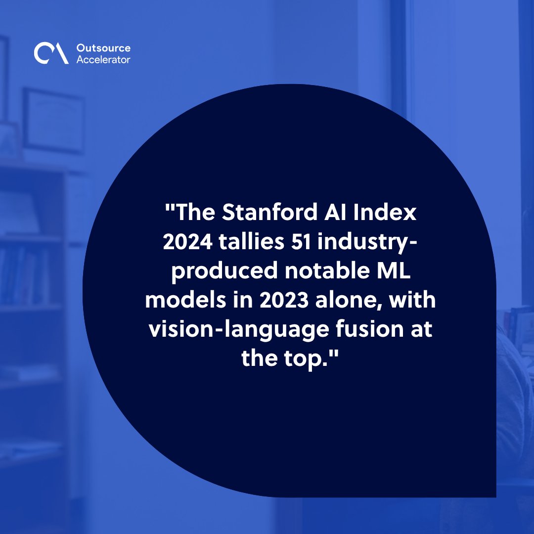 Academic AI researcher reading a Stanford AI Index 2024 printed report open to a bar chart of notable ML models by category.